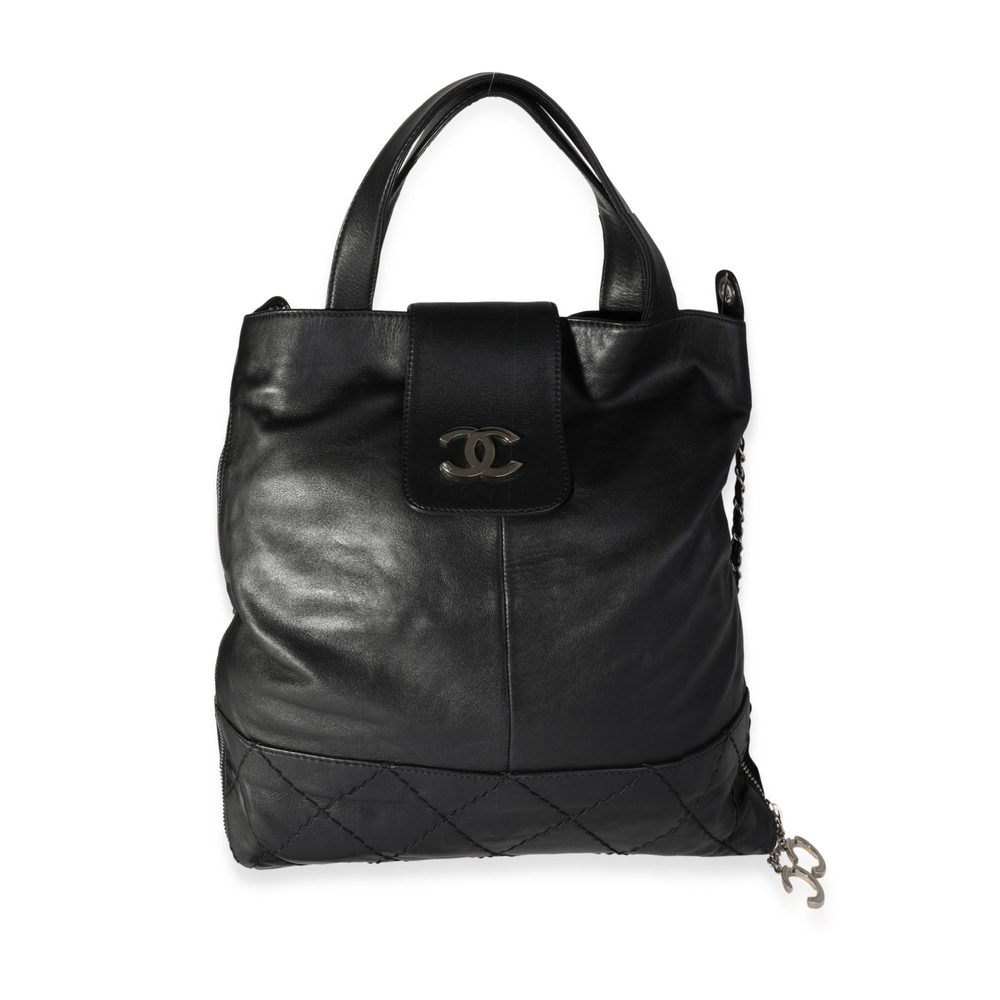 Chanel Black Diamond Stitched Leather Expandable Zip Tote